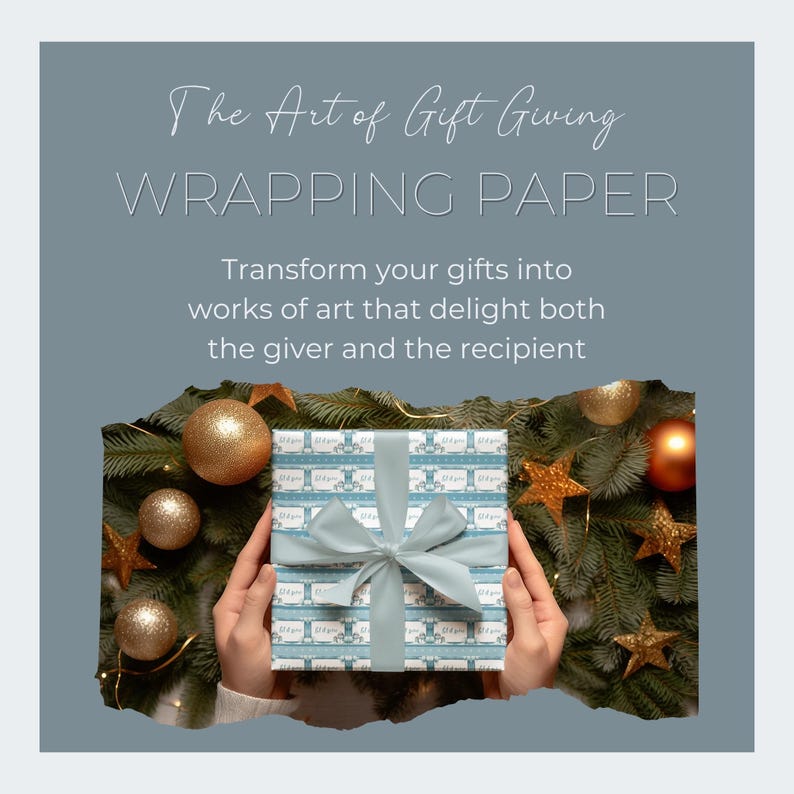 May include: A blue and white patterned wrapping paper with a blue ribbon bow. The paper is wrapped around a gift box and held by a person's hands. The gift box is surrounded by Christmas ornaments and pine branches.