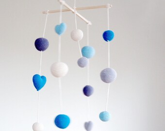 Crochet Aqua Blue Hearts/Balls Baby Mobile - Grey/Blue/Aqua Ball's Mobile(5-color mobile) - Boys/Girls room decoration- Baby boy nursery