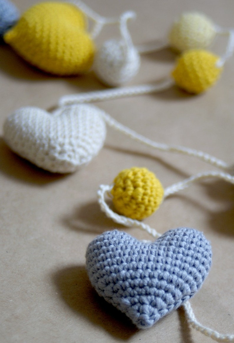 Crochet Hearts Garland: yellow/grey/ivory Birthday Party Decor Nursery/Baby Shower-Warm Wedding Garland-Home decor image 4