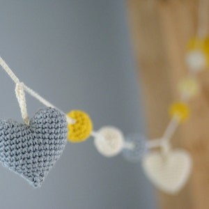 Crochet Hearts Garland: yellow/grey/ivory Birthday Party Decor Nursery/Baby Shower-Warm Wedding Garland-Home decor image 1