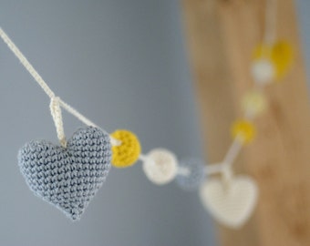Crochet Hearts Garland: yellow/grey/ivory -Birthday Party Decor - Nursery/Baby Shower-Warm Wedding Garland-Home decor