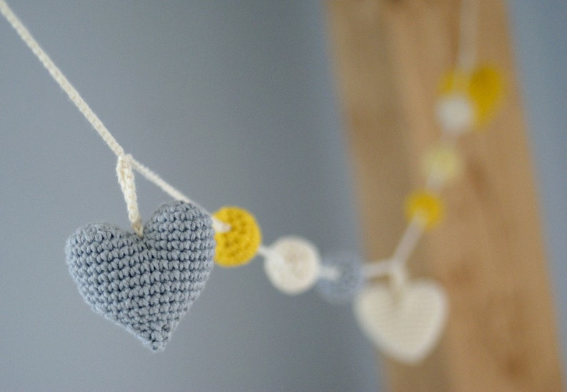 Crochet Hearts Garland: yellow/grey/ivory Birthday Party Decor Nursery/Baby Shower-Warm Wedding Garland-Home decor image 1