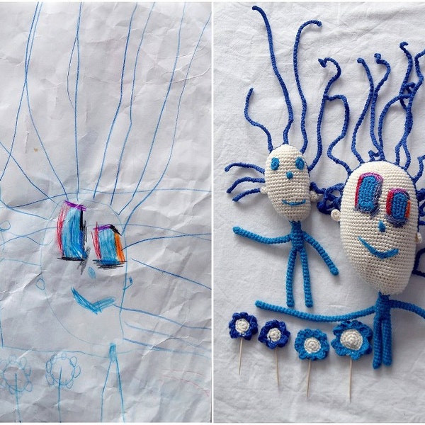 Jouets au crochet d'après le dessin de vos enfants - Commande personnalisée pour 2 objets/héros du dessin - Exemples réalisés : moi et maman, papa et moi, OVNI, robot