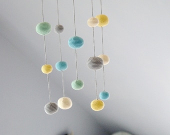 Crochet Pastel Baby Mobile - Grey/aqua/yellow/mint green Ball Mobile(5-color mobile) - Baby boy's/ girl's room decoration