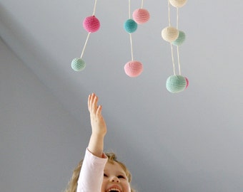 Baby Mobile - Pink/Mint Green Girls Room decoration(5-color mobile) - Crochet Pastel Hanging Mobile - Colorful Ball Mobile