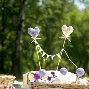 Wedding Cake Topper Crochet Hearts cake topper Summer Wedding party's decoration Lavender/ivory Wedding table decor image 2