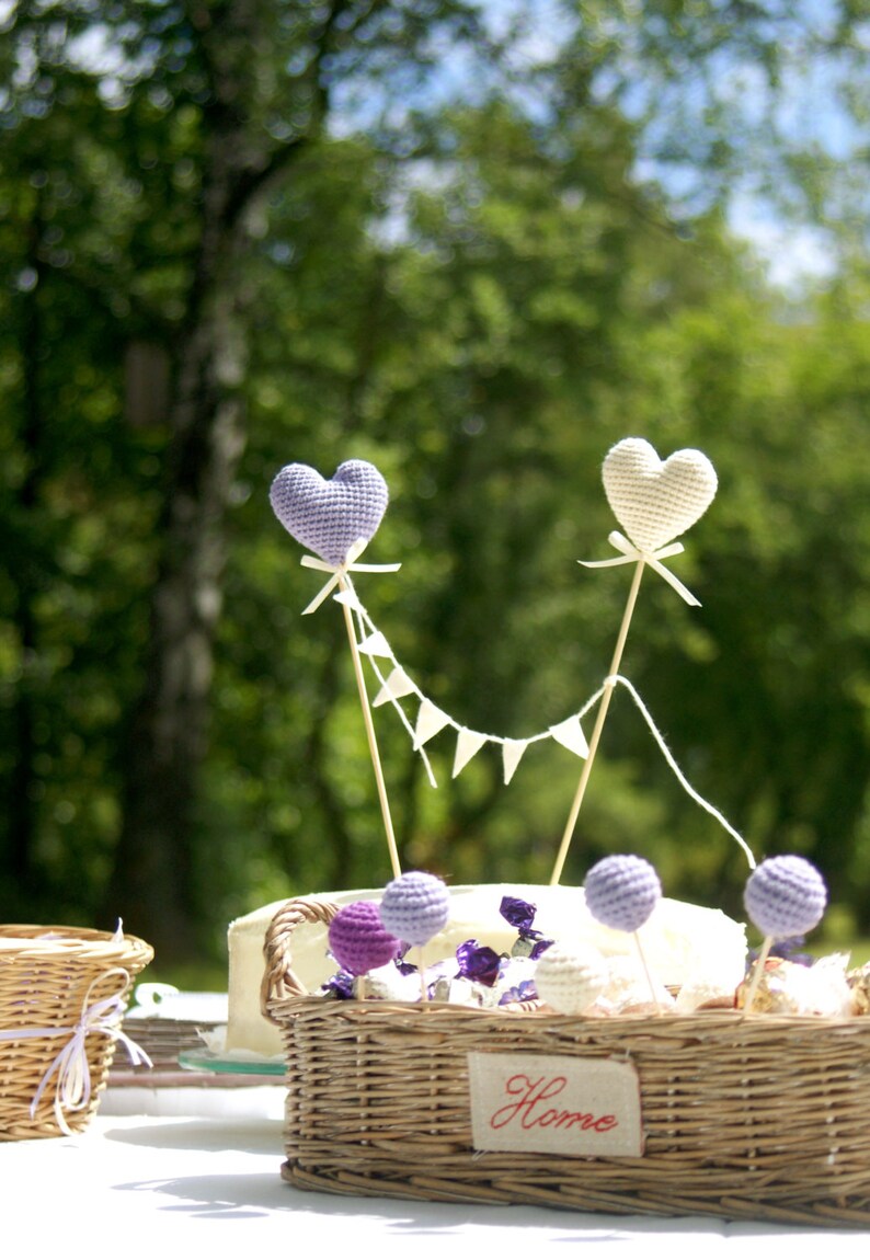 Wedding Cake Topper Crochet Hearts cake topper Summer Wedding party's decoration Lavender/ivory Wedding table decor image 2