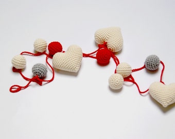 Crochet Heart Garland: ivory/red/grey -Birthday Party Decor - Nursery/Baby Shower-Warm Wedding Garland-Home decor