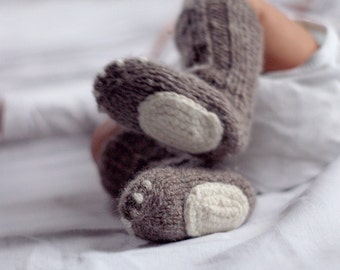 Newborn wool socks - Knitted natural wool baby socks - Playful baby socks  - Animal feet baby socks