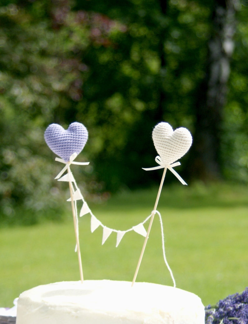 Wedding Cake Topper Crochet Hearts cake topper Summer Wedding party's decoration Lavender/ivory Wedding table decor image 4