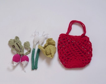 Crochet Food - Spring Vegetable Set of 6 items:onions, radishes, lettuce and shopping bag - Safe, friendly crocheted playfood - Harvest