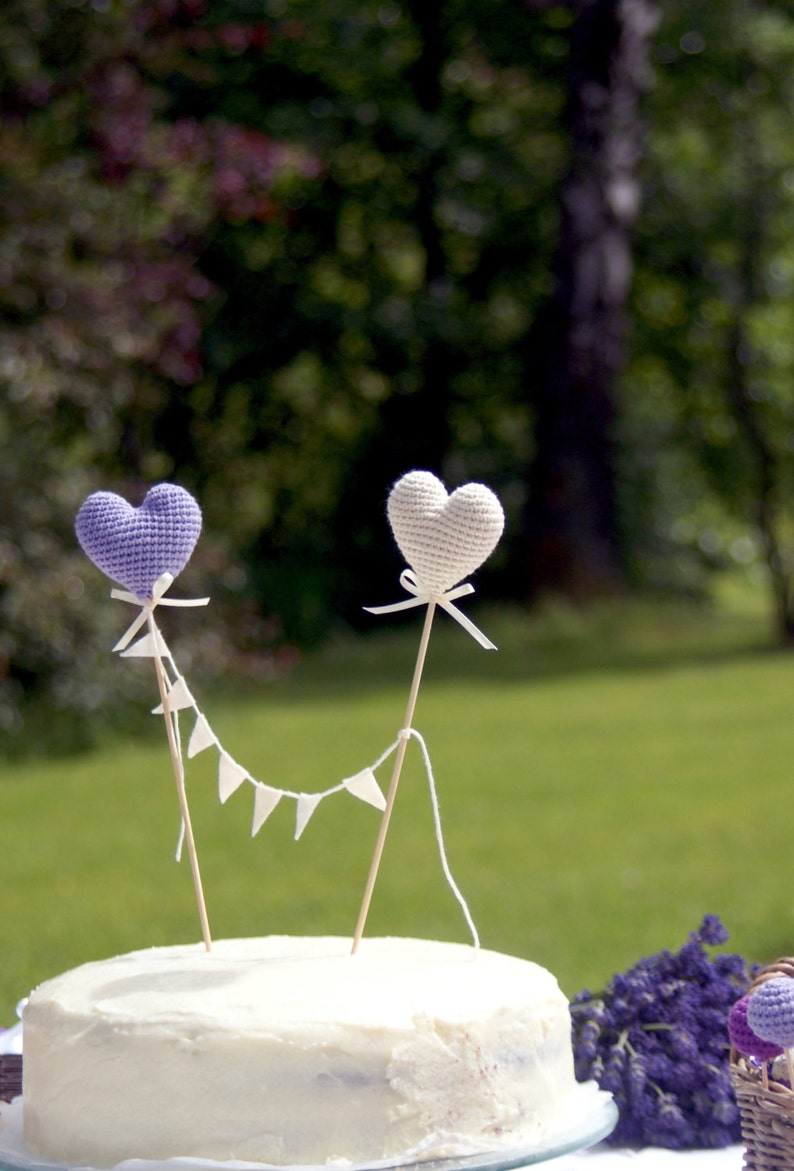 Wedding Cake Topper Crochet Hearts cake topper Summer Wedding party's decoration Lavender/ivory Wedding table decor image 3