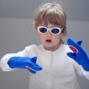 Shark mittens - Warm playful accessories for children - Gift for boy - Knitted Shark gloves - Wool mittens in bright blue color