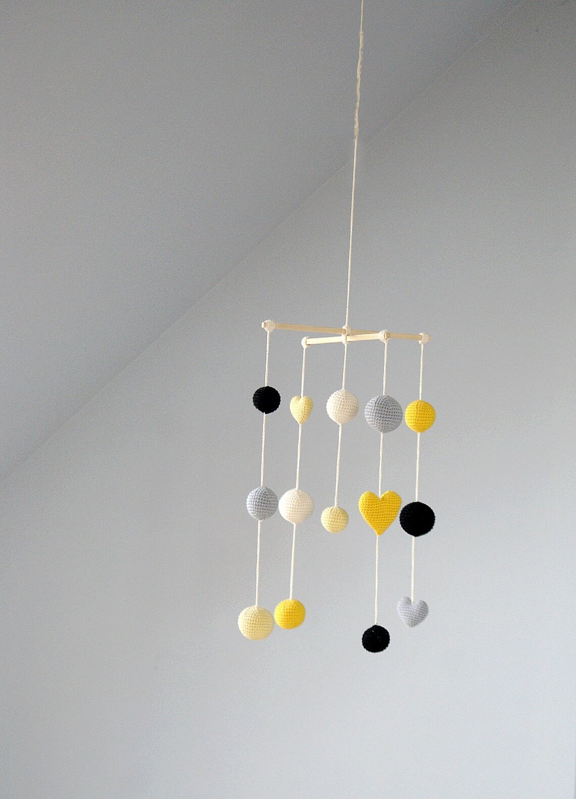 Crochet Balls/hearts Baby Mobile Grey/yellow/black Etsy