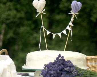 Wedding Cake Topper - Crochet Hearts cake topper - Summer Wedding party's decoration - Lavender/ivory Wedding table decor