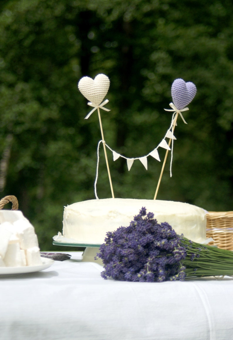 Wedding Cake Topper Crochet Hearts cake topper Summer Wedding party's decoration Lavender/ivory Wedding table decor image 1