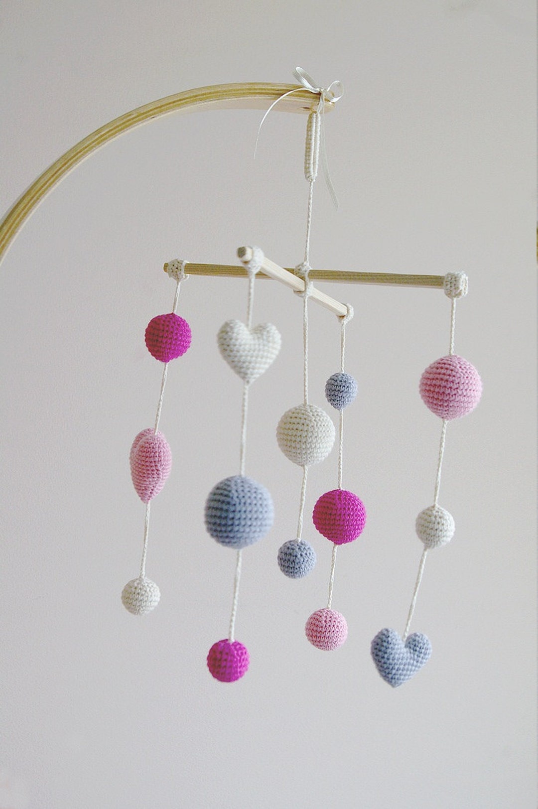 Crib Mobile - Crochet Pink Baby Girl Mobile - Ivory/pink/gray Hearts ...