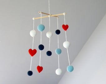 Crochet Hearts/Ball's Baby Mobile-Red Hearts/Navy blue/Aqua blue/White Ball's Mobile(4-color)-Boys/Girls room decoration-Baby nursery decor