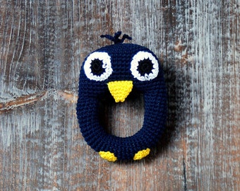 Crochet penguin rattle -  Navy blue stuffed rattling toy - Baby boy gift