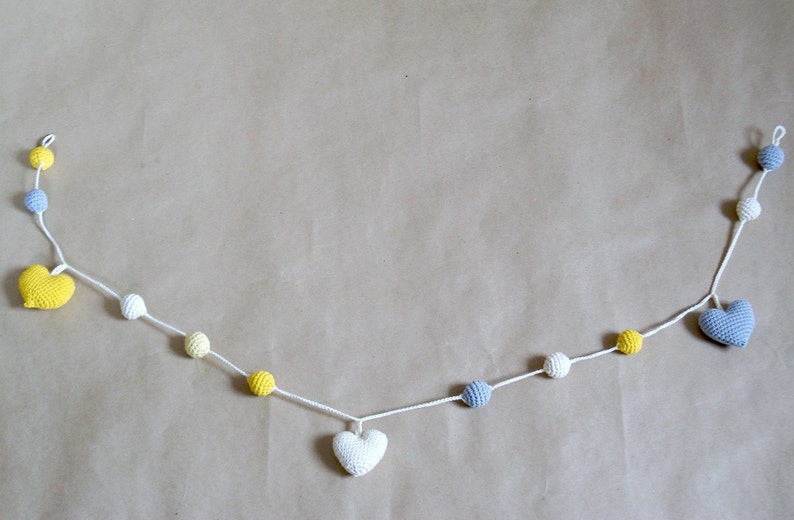 Crochet Hearts Garland: yellow/grey/ivory Birthday Party Decor Nursery/Baby Shower-Warm Wedding Garland-Home decor image 3