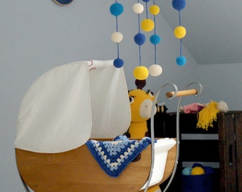 Crochet Baby Mobile - Yellow/Blue/Ivory(4-color mobile) - Light Colorful Baby Ball Mobile - Blue Boys room decoration - Newborn gifts