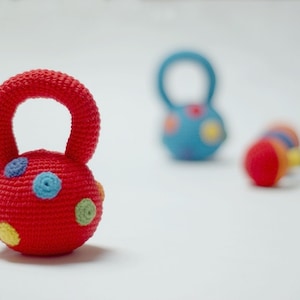 Crocheted Dumbbell toy and fitness Weight in rainbow colors-Crocheted Rattle Weights-Kettlebel and dumbell in rainbow colors-Baby gift