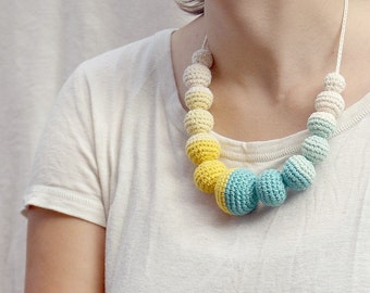 Geometric Necklace - Crochet Pastel Orbs Necklace - Geometric Cotton Beads Necklace- Mustard Yellow/Pale Yellow/Mint Green/Pale Green/Ivory