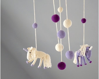 Crochet Unicorns Mobile - Baby purple/ivory Mobile - Crochet Hanging Crib Mobile - Kids room decoration - Perfect gift for baby