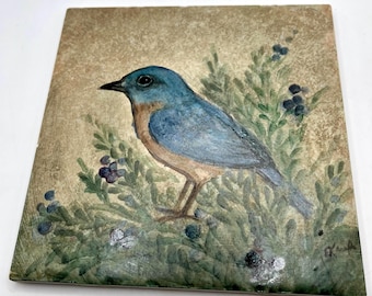 Hand Painted Signed Bluebird Tile Trivet