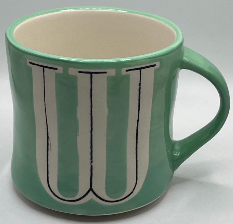 Anthropologie handmålad monogram med initial W grön mugg bild 1