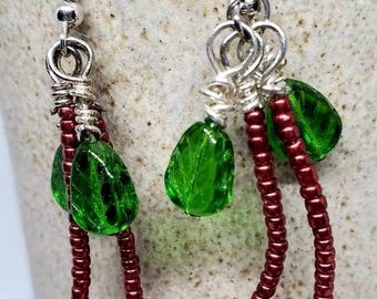 Hand-Beaded Cherry Drop Earrings, Pressed Glass Door County Souvenir