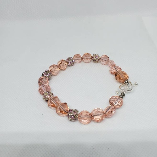 Pale Pink Czech Crystal Glass Beaded Bracelet with Silver Crystal accented balls  in wider length for plus size.
