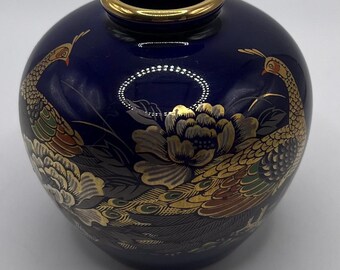 Vintage Japan Style Blue Ceramic Ginger Jar Hand Decorated Pheasant Theme No Lid