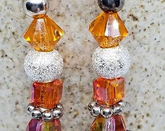 Boho Peach Chandelier Earrings, Lampwork Flower Beads, Silver Accents