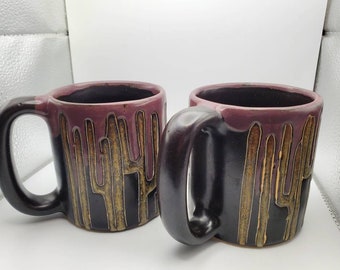 Set of J.  Mara Mexico Pottery Purple Catus Handmade Mugs