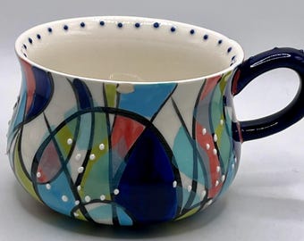 Taza de café y té de cerámica Anthropologie KINETIC STENCIL de 10 oz con puntos abstractos