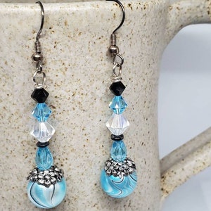 Bali Black and Light Blue Swirly Ball Czech and Swarovski  Crystal Accented Dangling Earrings