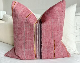 Pink cotton hemp pillow cover.