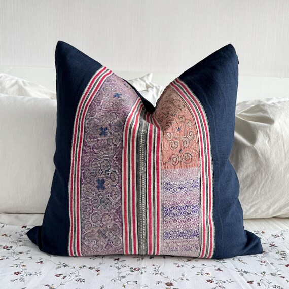 Handwoven Silk Pillow Cover: Vintage Indigo Hemp, 20x20
