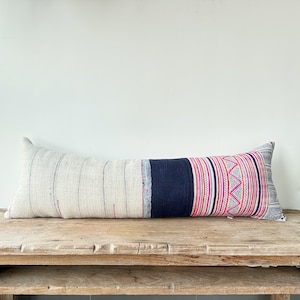 Handmade Hmong Hemp Lumbar Pillow Cover: Rustic Tribal Embroidery