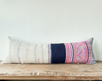 Orientaltribe design vintage Hmong textile hemp pillow cover. Rustic Stripe Hmong Lumbar Pillow. Interior rustic art pillow case.