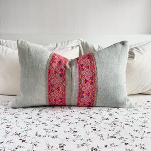Hmong Embroidered Hemp Pillow Cover: Vintage Floral Textile, Boho Decor