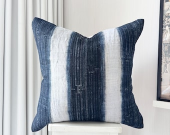 22 Inch Vintage Indigo Hemp Pillowcase - Hand Block Print Cushion Cover - Rustic Natural Dyed Hmong Textile - Wabi Sabi Accent Pillow