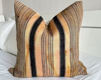 Handmade Hmong Hemp Pillow Cover: Vintage Brown Striped Cushion (20x20)