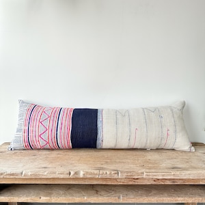 Handmade Hmong Hemp Lumbar Pillow Cover: Rustic Tribal Art (12x36)