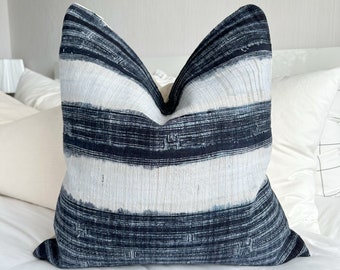 Indigo hemp pillow cover. hand block print fabric. Vintage textile. Cushion cover