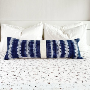 Vintage Hmong Hemp Lumbar Pillow Cover: Rustic Indigo Stripe (12x36)