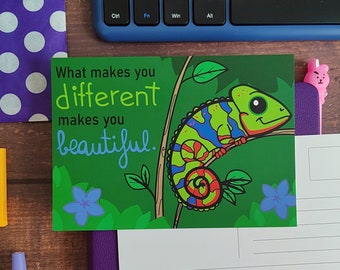 Positive postcard with a vibrant chameleon and a motivational quote. Mental health mini art print . Good for a gift package. Wellbeing card.