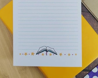 Book magic letter writing paper set. Lined colorful 10 A5  sheets for book lovers. Cute pen pal stationary and gift for writers.