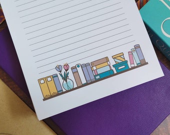 Book shelf letter writing paper set. Lined colorful 10 A5  sheets for book lovers. Cute pen pal stationary and gift for writers.